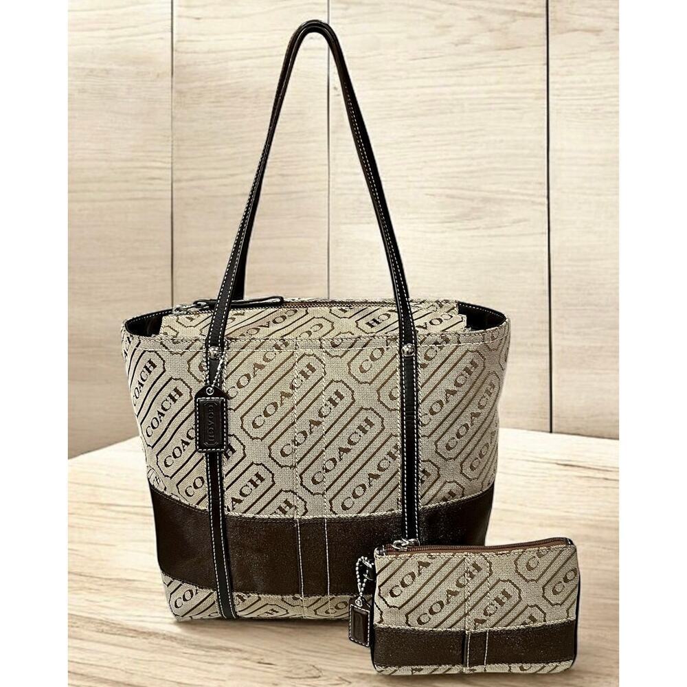 Y2K Coach F12252 Signature Striped Lozenge Tote Bag & Wristlet